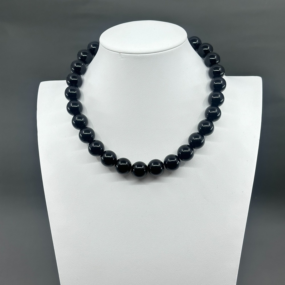 Black Glossy Graduated Bead Necklace Chunky Gothic Statement Adjustable Collar